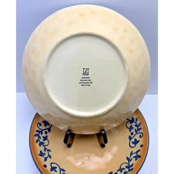 LIDIA Bastianich Hand Painted 9.5" Pasta Bowls Tan w/ Blue Trim Design Set of 2 - Picture 3 of 4